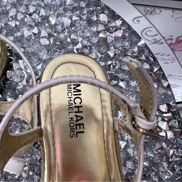 Michael Kors sandals gold charm MK logo white buckle ankle detail slip on shoes - Picture 3 of 9